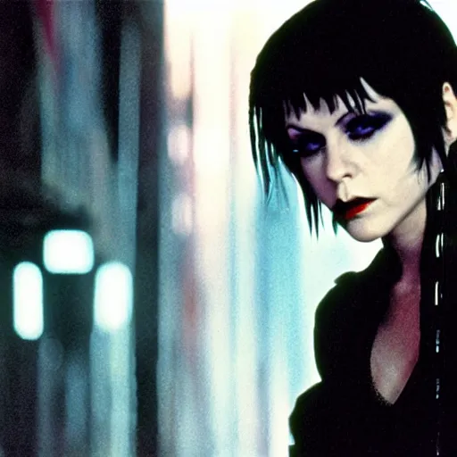 Image similar to a film portrait still of joan jett in blade runner, gritty cyberpunk atmosphere. realism, cinematic lighting, beautiful gothic fantasy photorealistic, 4 k. 8 mm. grainy. panavision.