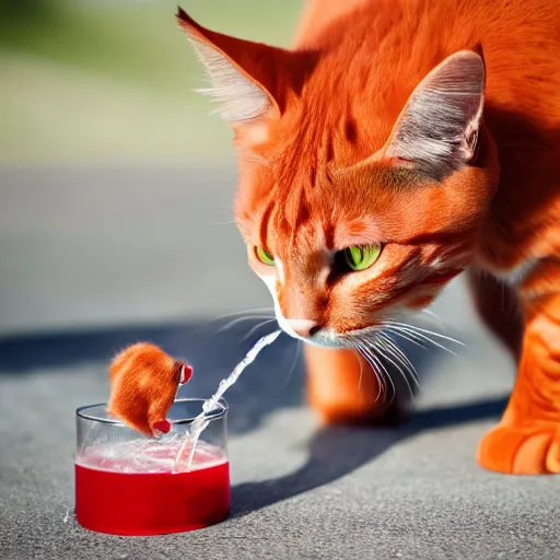 Image similar to professional photograph of a red cat who is angry drinking water