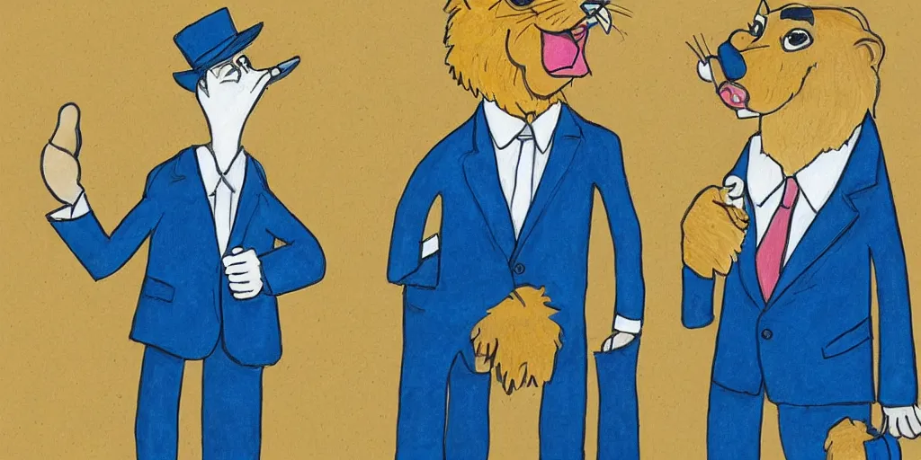 Prompt: an anthropomorphic lion wearing a suit and giving a thumbs up to his business partner, by lisa hanawalt, by wanda gag