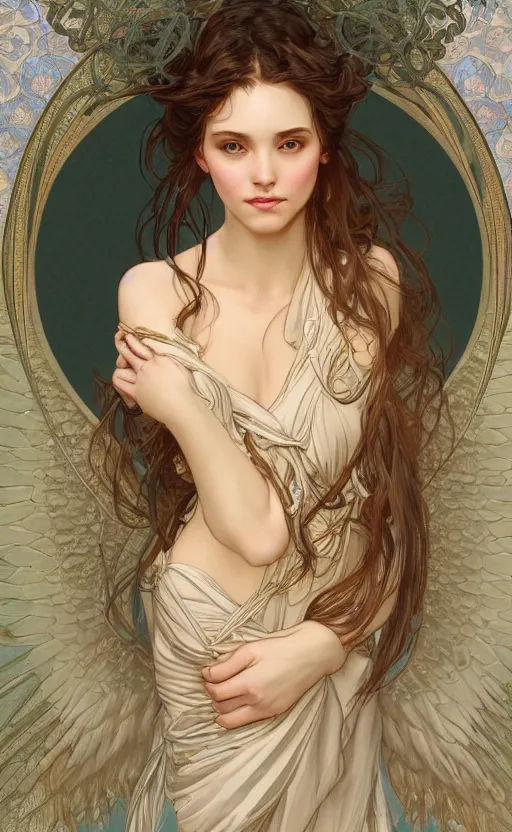 Prompt: a photograpic portrait of a pretty woman, angel, fantasy, intricate, elegant, highly detailed, digital painting, artstation, centered, concept art, smooth, sharp focus, arc, illustration, art by artgerm and alphonse mucha