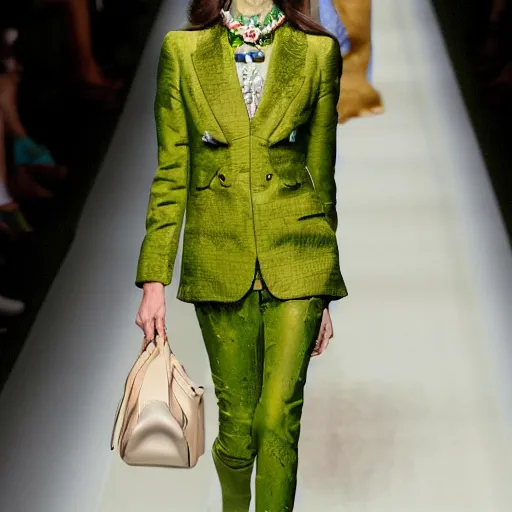 Prompt: duende verde, gucci catwalk, woman