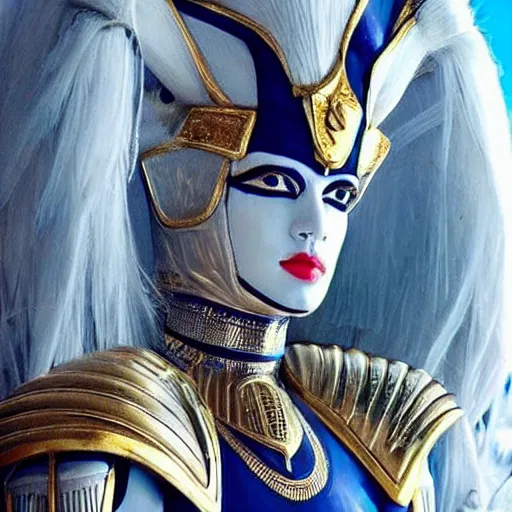 Image similar to perfect white haired attractive egyptian goddess warframe armor pharaoh headdress beautiful symmetric model like blue instense eyes pretty