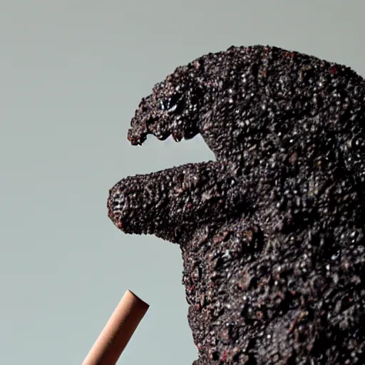 Image similar to anthropomorphic godzilla smoking a joint, 5 5 mm