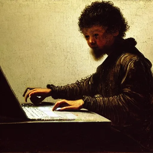 Prompt: a boy desperately typing on a laptop keyboard, frustrated face, visibly angry, in the style of Rembrandt.