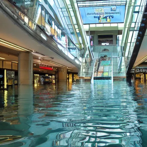 Image similar to photo of inside a shopping mall the inside is flooded with over 2 5 meters depth of water, highly detailed.