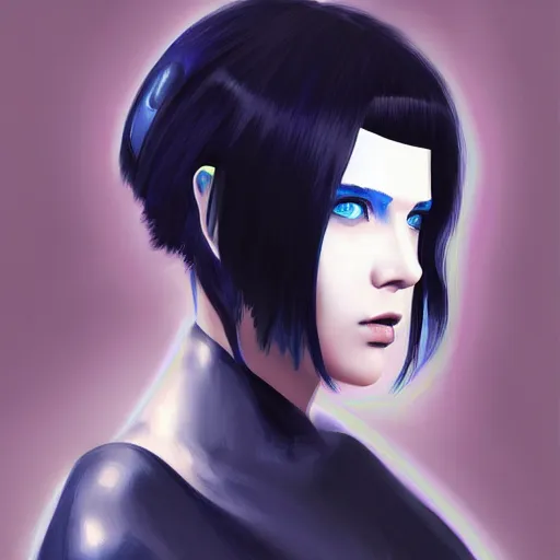 Image similar to « portrait, attractive, blue eyes, black hair, middle length hair, ghost in the shell, front view, digital painting »