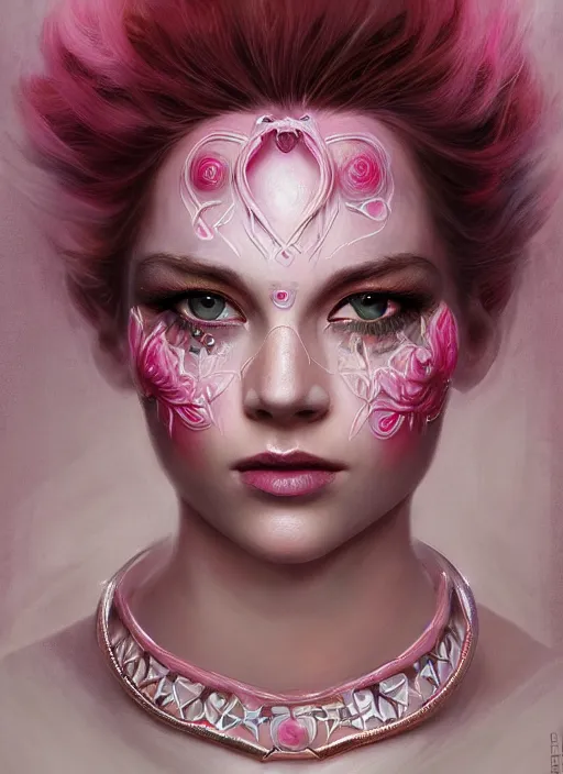 Image similar to portrait of pink fairy, symmetric, facepaint facepaint facepaint, intricate jewelry, trending on artstation 4 k, high quality, in the style of karol bak and tom bagshaw