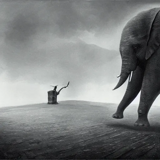 Prompt: A steampunk large elephant-like creature follows a man down a desolate road, in the style of Zdzisław Beksiński