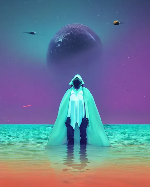 Image similar to a person wearing a white cloak standing in the water. a large planet is overhead. an album cover by stanley twardowicz, trending on cg society, retrofuturism, retrowave, chillwave, synthwave