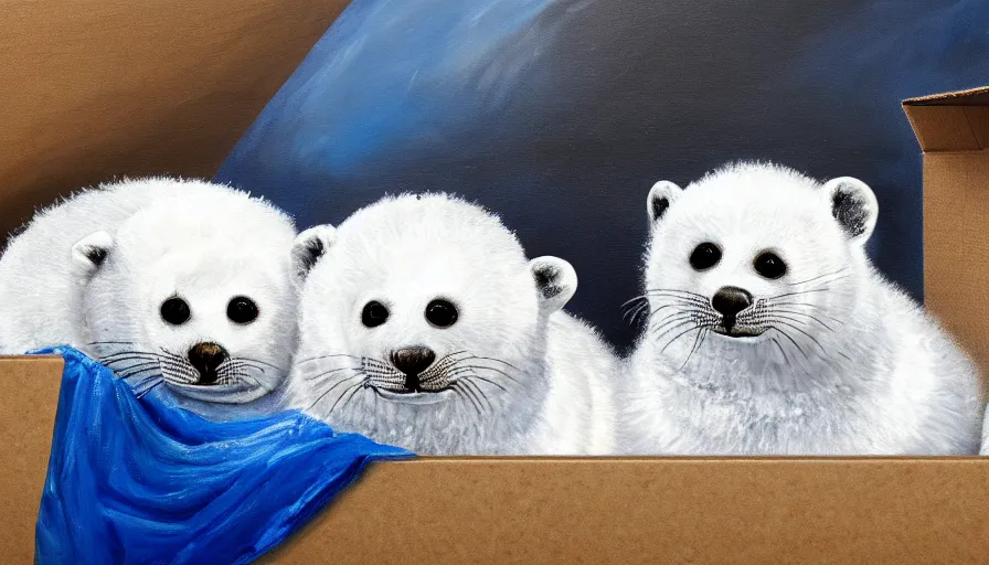 Image similar to highly detailed painting of cute furry white baby seals cuddled up in a cardboard box in a dystopian cyberpunk street by william turner, thick brush strokes and visible paint layers, 4 k resolution, blue and white colour scheme