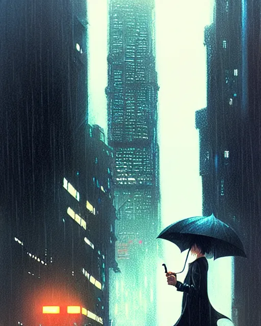 Prompt: blade runner, hyper - realistic portrait of a girl with umbrella, skyscrapers, real street, rain, cinematic, by atey ghailan, by greg rutkowski, by greg tocchini, by james gilleard, by joe fenton, by kaethe butcher, 8 k, very intricate, 8 0's, night