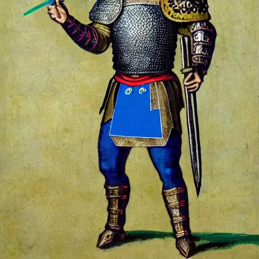 Prompt: an olive skinned, fierce, medieval stout knight with a blue tunic over chainmail, green pants with a black leather belt and a coin pouch, holding a blue kite shield with fleur - de - lis symbols, holding a short sword in an arena, real life, gladiator