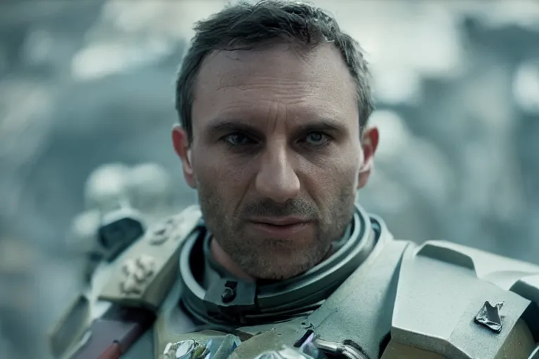 Image similar to VFX movie of a futuristic spacemarine closeup portrait in war zone, beautiful natural skin natural lighting by Emmanuel Lubezki