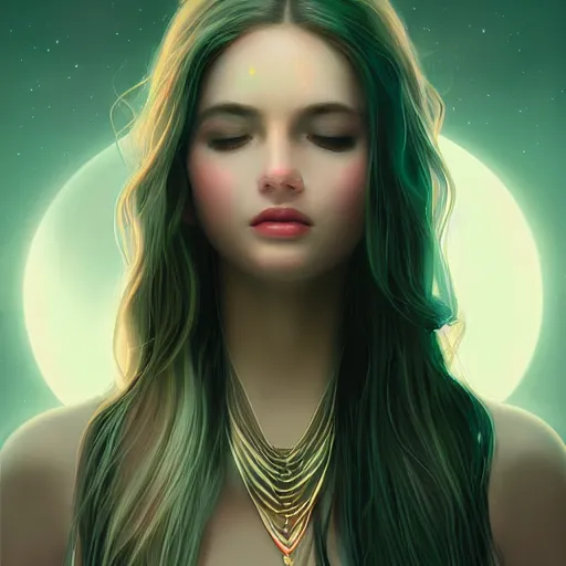 Image similar to beautiful female portrait, inner glow, symmetric face, flowing hair, under the moonlight, gemstone necklace, by wlop, trending on artstation, cgsociety