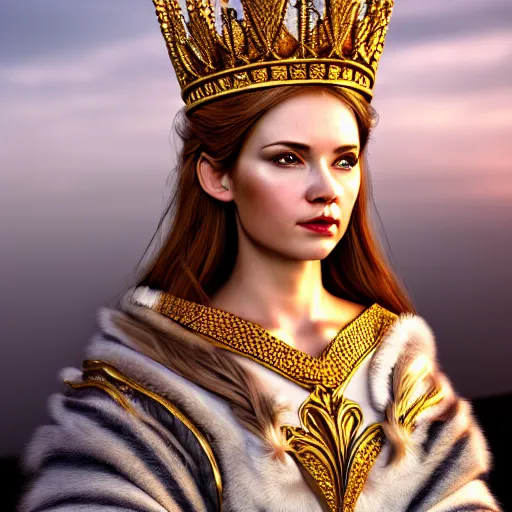 Image similar to beautiful nordic queen with ornate crown and robes highly detailed, 4k, HDR, smooth, sharp focus, hyper realistic, high resolution