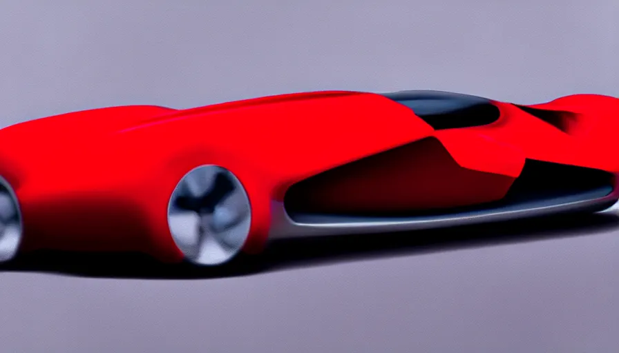 Prompt: a red futuristic car with six wheels, hyperrealistic concept drawing