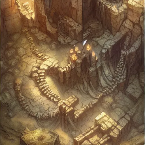 Image similar to dungeon map concept d & d cave, desert, vulcanic ground, monument, tribal hollows and build. hyper detailed, fantasy style art, highly detailed, digital painting, artstation, concept art, smooth, sharp focus, illustration, art by artgerm and greg rutkowski and alphonse mucha