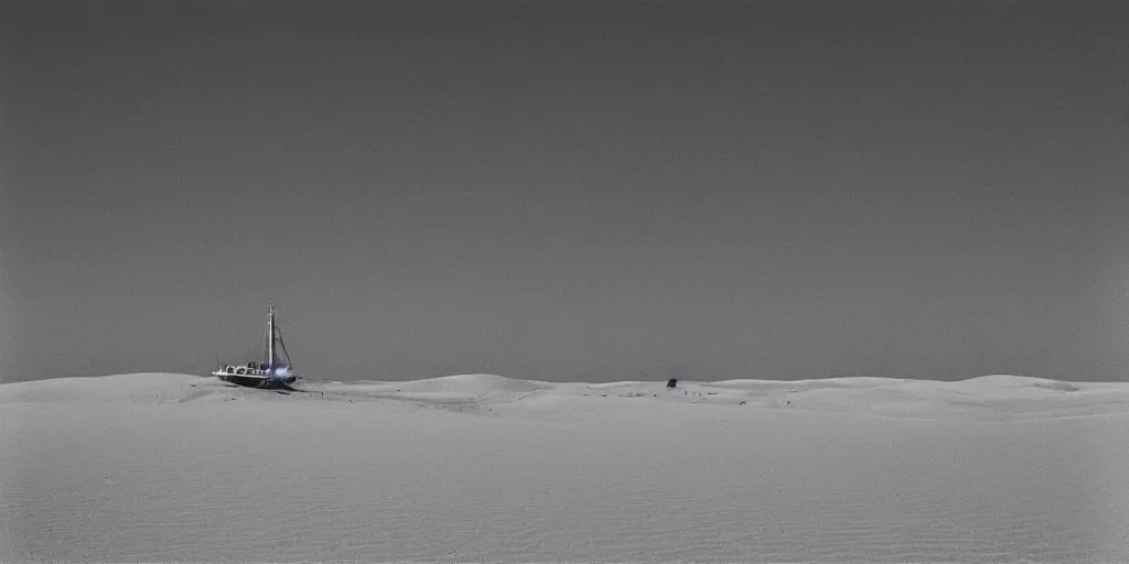 Prompt: a ship in the middle of the desert, photo by Michael Kenna,