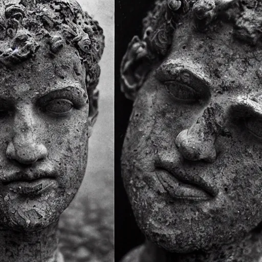 Image similar to Award-winning photograph by Paul Strand. The photo depicts a decaying roman bust of Mark Zuckerberg overgrown with moss at the bottom of the sea in the middle of ruins of civilization. Ruins. Minimalism, high definition, perfect composition. Deep sea picture. Very dark. Volumetric Lighting. Fish. Darkness. Ruins
