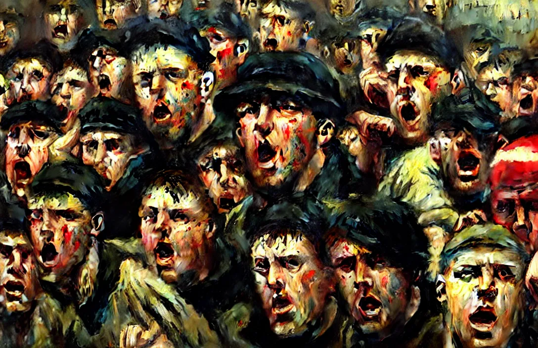 Image similar to english football hooligans!!!!!!!!!!!!!!!!!!!!!!!!!!!, detailed face, detailed painting, epic lighting, by ilya repin, phil hale and kent williams