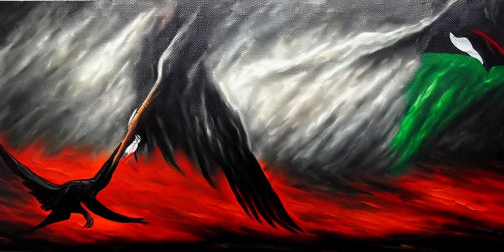 Image similar to dramatic epic dark oil painting of freedom for palestine, red green white black