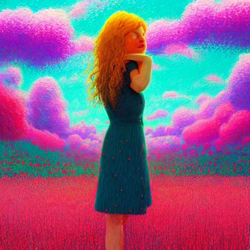 Image similar to vast flower face, girl standing in a flower field, surreal photography, sunrise dramatic light, impressionist painting, colorful clouds, digital painting, pointillism, artstation, simon stalenhag