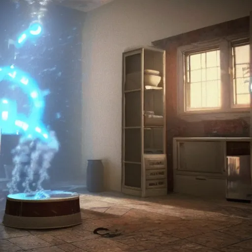 Image similar to a time machine made out of a washing machine with cool lights and steam and lightning, unreal engine