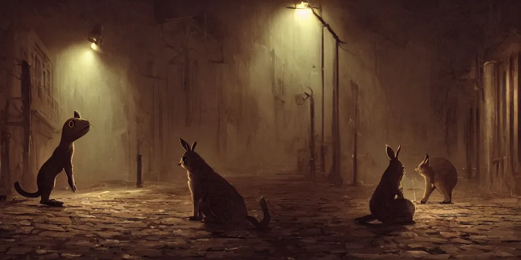 Image similar to a slender rabbit is talking with a big cat in a dark alley, warm color palette, night time, dramatic lighting, noir film, fine details, high contrast, blacksad, kim jung gi, greg rutkowski, trending on artstation, 8 k, ultra wide angle