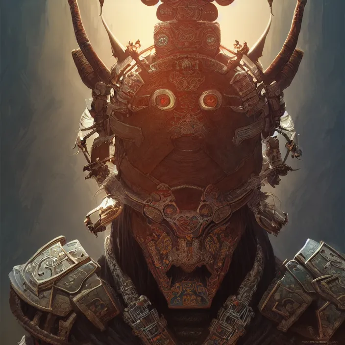 Image similar to symmetry! portrait of a hybrid old male warrior, face decorated with chinese opera motifs, leds horizon zero dawn machine, intricate, elegant, highly detailed, digital painting, artstation, concept art, smooth, sharp focus, illustration, art by artgerm and greg rutkowski and alphonse mucha, 8 k