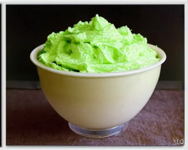 Image similar to 1970's cookbook color photograph of green ambrosia salad whipped cream sharp detail high detail