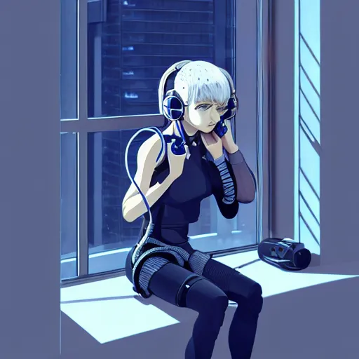 Image similar to cyborg - girl with silver hair, wearing headphones, and sitting on a window sill, highly detailed, painting, dark blue and black color palette, intricate, high quality anime artstyle, in the style of ilya kuvshinov