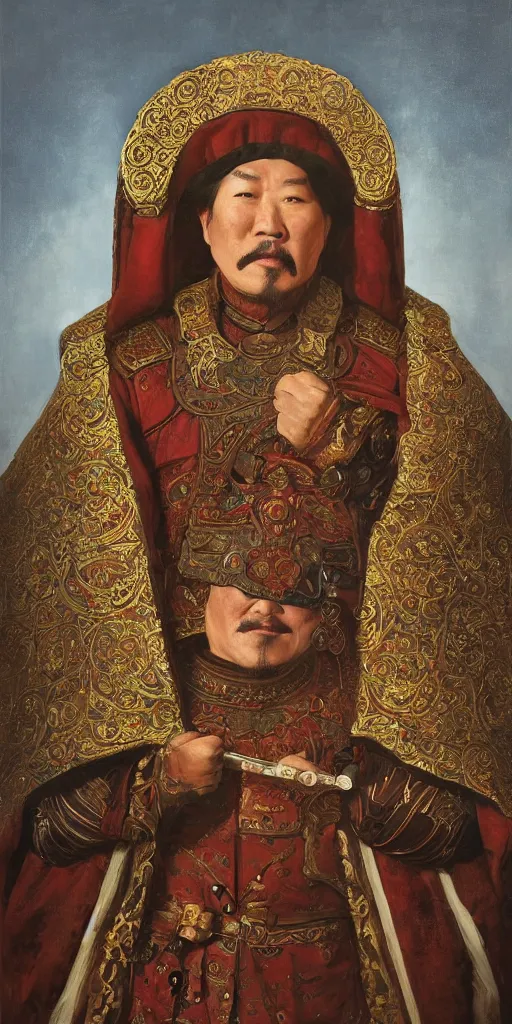 Image similar to a stunning and noble highly detailed romantic period style portrait of Genghis Khan by Josep Tapiró Baró, trending on artstation, oil painting masterpiece, symmetry, fractals, Mongolian iconography