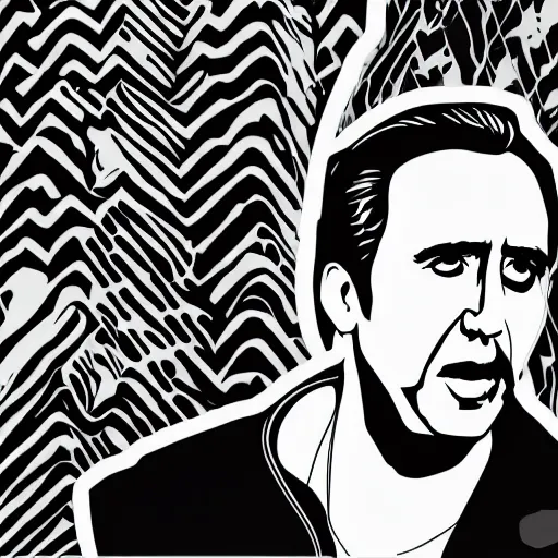 Prompt: a simplified black and white vector based illustration of Nicholas Cage, created in Adobe illustrator, black ink shading on white background, smooth vector curves, vinyl cut ready