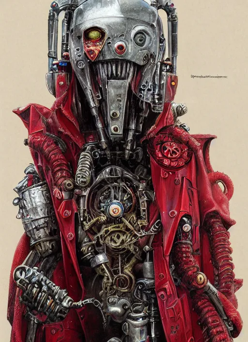 Image similar to portrait of rotten Nicolas Cage as adeptus mechanicus in red hood and robe from Warhammer 40000, mechanical tentacles. Highly detailed, artstation, illustration by and John Blanche and zdislav beksinski and wayne barlowe