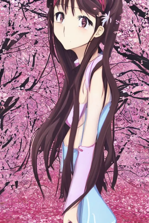 Image similar to anime girl, anime style drawing, cherry blossom in the background