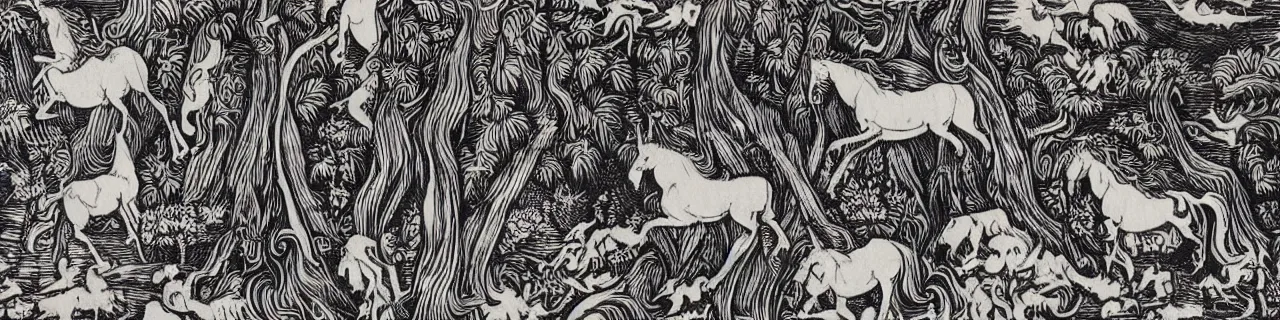 Image similar to Elaborate wallpaper print of A Unicorn in a sacred forest in the style of Albrecht Durer and Martin Schongauer, high contrast finely carved woodcut black and white crisp edges
