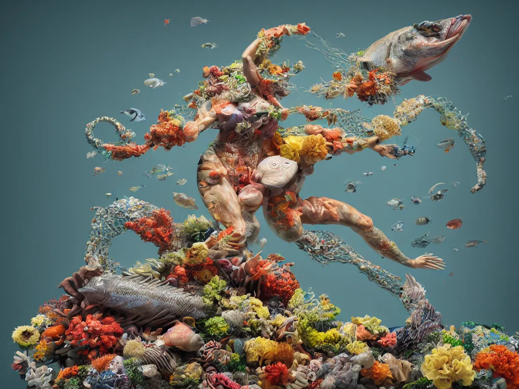Prompt: a sculpture of fish ocean intertwined, a lovely cornucopia of flowers and human body parts, body parts, highly detailed, octane render, cinematic, shock, sharp focus, ball