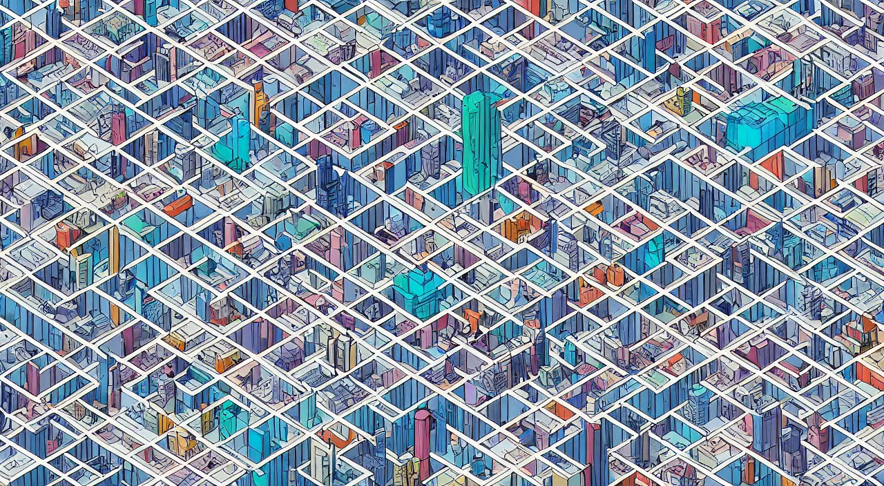 Prompt: isometric drawing of a fictional dense city, in style of charles williams, rem koolhaas, peter eisenman, cool color palette