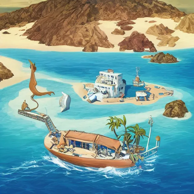 Image similar to a remote island research station in the middle of the ocean, rhads!!!, magical realism, urban fantasy, saturday morning cartoon, clean linework, ( alexander archipenko ), ( tex avery ), western animation