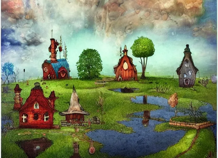 Prompt: a fantasy landscape with houses around a big lake, lowbrow in the style of alexander jansson,