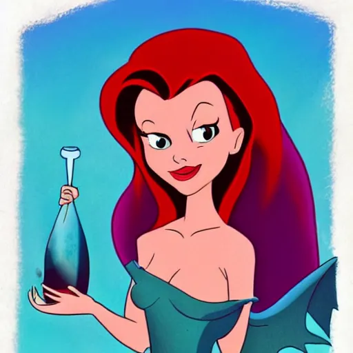 Prompt: Ariel from the little mermaid as a vampire drinking prince Eric's blood, Disney cartoon, gritty