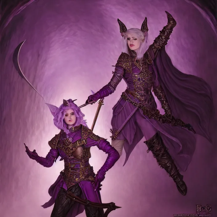 Image similar to d & d bard with her lilac leather armor in am evil dungeon, volumetric lighting, fantasy, intricate, elegant, highly detailed, lifelike, photorealistic, digital painting, artstation, fox ears illustration, concept art, sharp focus, by john collier and albert aublet and krenz cushart and artem demura and alphonse mucha