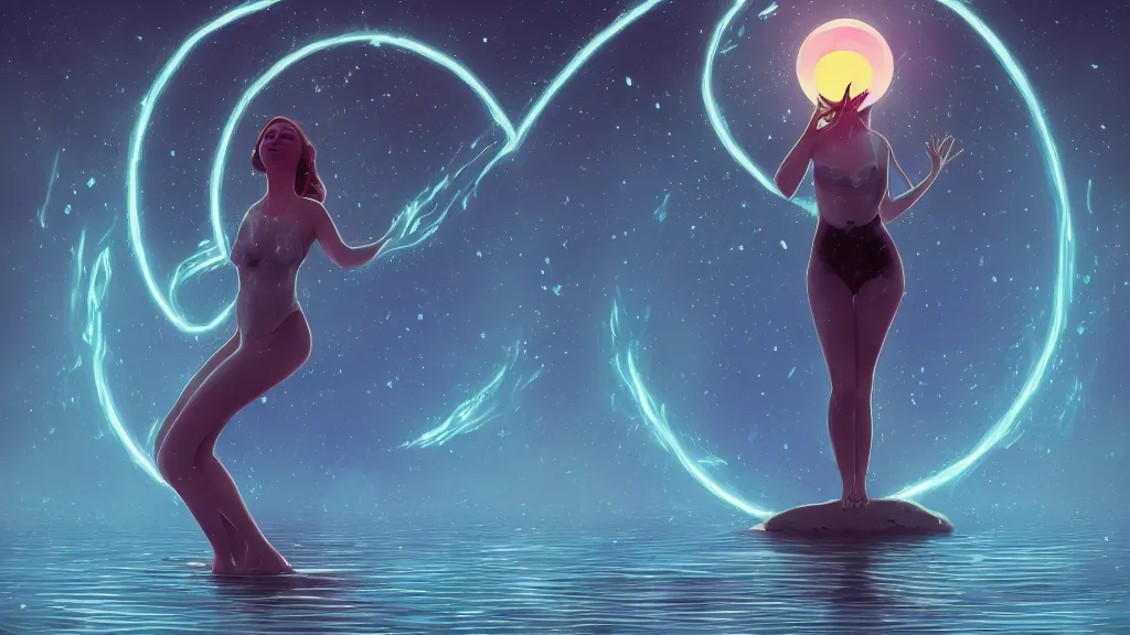 Image similar to one beautiful whimsical goddess standing in a lake basking in the moonlight, underneath a multi-colored binary blackhole with an accretion disc, glowing trails following her arms, synthwave, by Lois van Baarle, by Greg Rutkowski, by artgerm, by beeple, by studio ghibli, cinematic angle, volumetric lighting, 4k resolution, octane render, trending on artstation, masterpiece