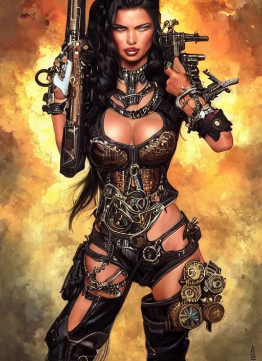 Image similar to front portrait of attractive Adriana Lima as Lady Mechanika holding a shotgun with both hands, Intrincate background with steampunk imagery , D&D!, fantasy style, sharp focus!, ultra detailed, art by Artgerm and Peter Andrew Jones, WLUP