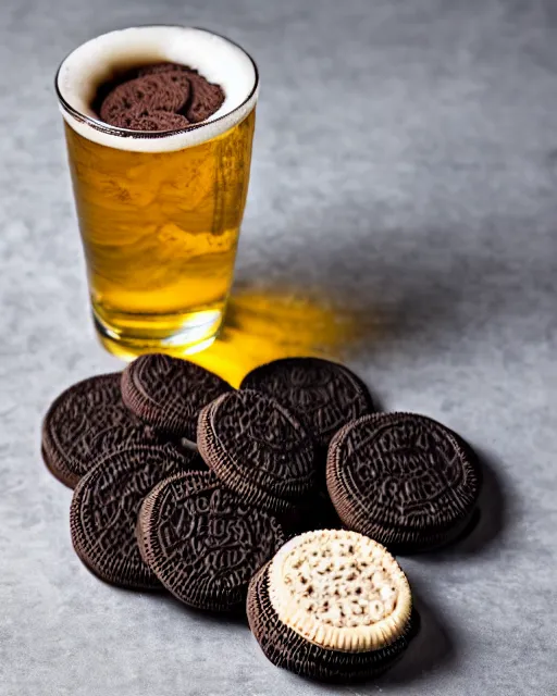 Image similar to dlsr food photograph of a hand dipping an oreo in beer, bokeh, studio lighting, 5 0 mm f 1. 4