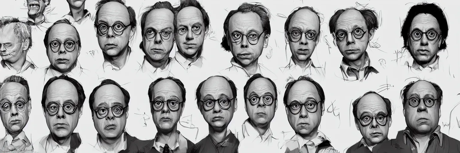 Image similar to character study of todd solondz and steve buscemi and danny devito, 2 0 2 2, clear faces, emotional, character sheet, fine details, concept design, contrast, kim jung gi, pixar and da vinci, trending on artstation, 8 k, full body and head, turnaround, front view, back view, ultra wide angle