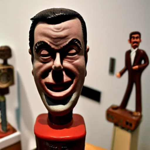 Prompt: subgenius sculpture toy on display