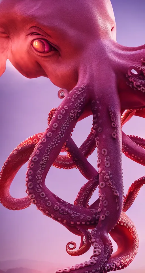 Prompt: A octopus centered-photograph of a pink elephant, film still, dynamic action pose, National Geographic, insane detail, intricate, highly detailed, Zeiss Lens, DSLR photography, smooth, sharp focus, Unreal Engine 5, Octane Render, Redshift, 8K