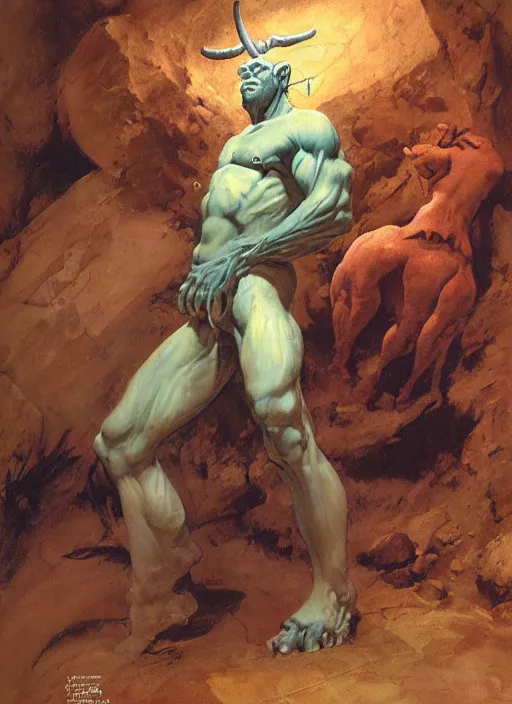 Image similar to full body portrait of a huge, miserable minotaur sitting in a cave, by boris vallejo and jesper ejsing and simon bisley and greg manchess and zdzislaw beksinski and norman rockwell