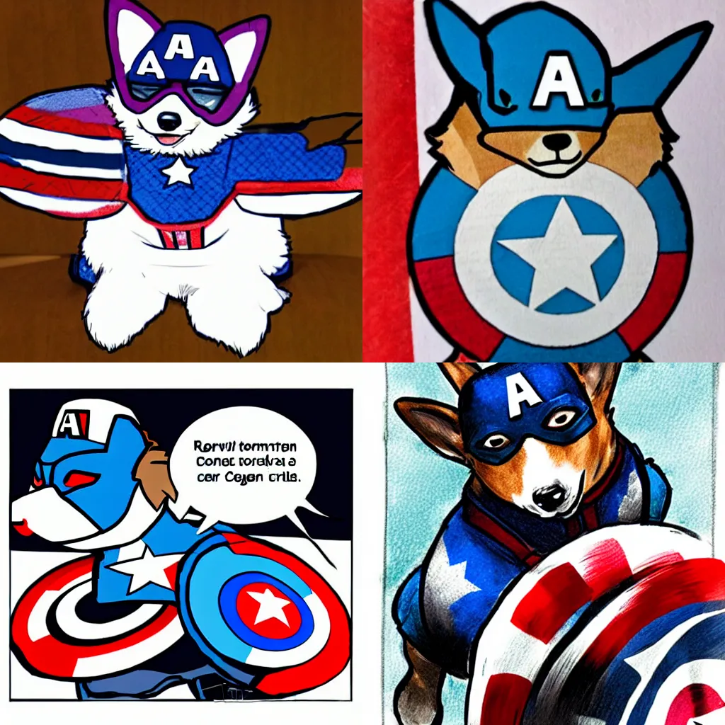 Prompt: corgi dressed as captain America, comic drawing, high quality